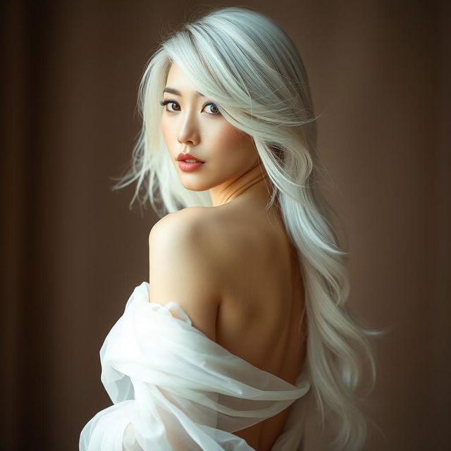 A stunning Japanese woman with long, flowing white hair and an elegant pose, showcasing her beauty and confidence