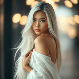 A stunning Japanese woman with long, flowing white hair and an elegant pose, showcasing her beauty and confidence