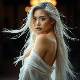 A stunning Japanese woman with long, flowing white hair and an elegant pose, showcasing her beauty and confidence