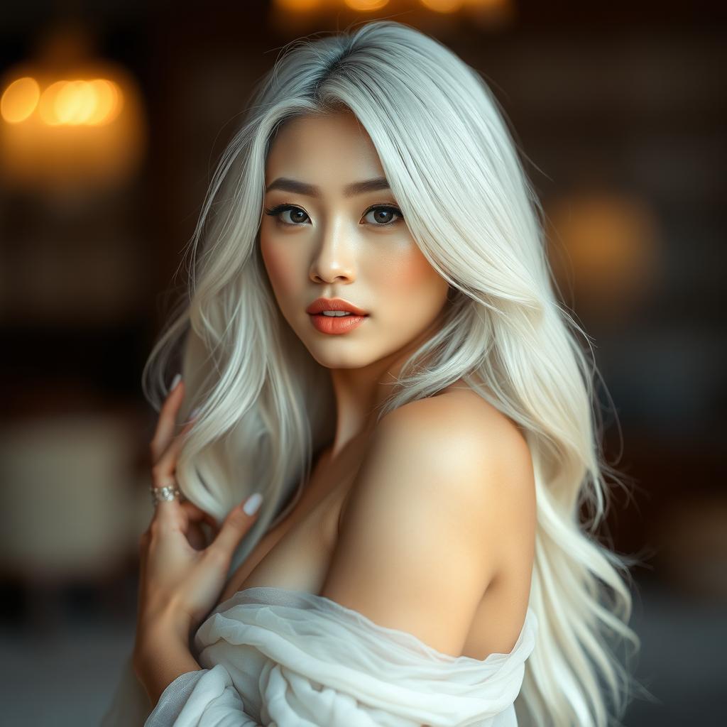 A stunning Japanese woman with long, flowing white hair and an elegant pose, showcasing her beauty and confidence