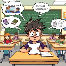A humorous clipart scene illustrating a student sitting at a desk during a test, looking bewildered and frustrated while staring at an exam paper