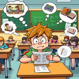 A humorous clipart scene illustrating a student sitting at a desk during a test, looking bewildered and frustrated while staring at an exam paper