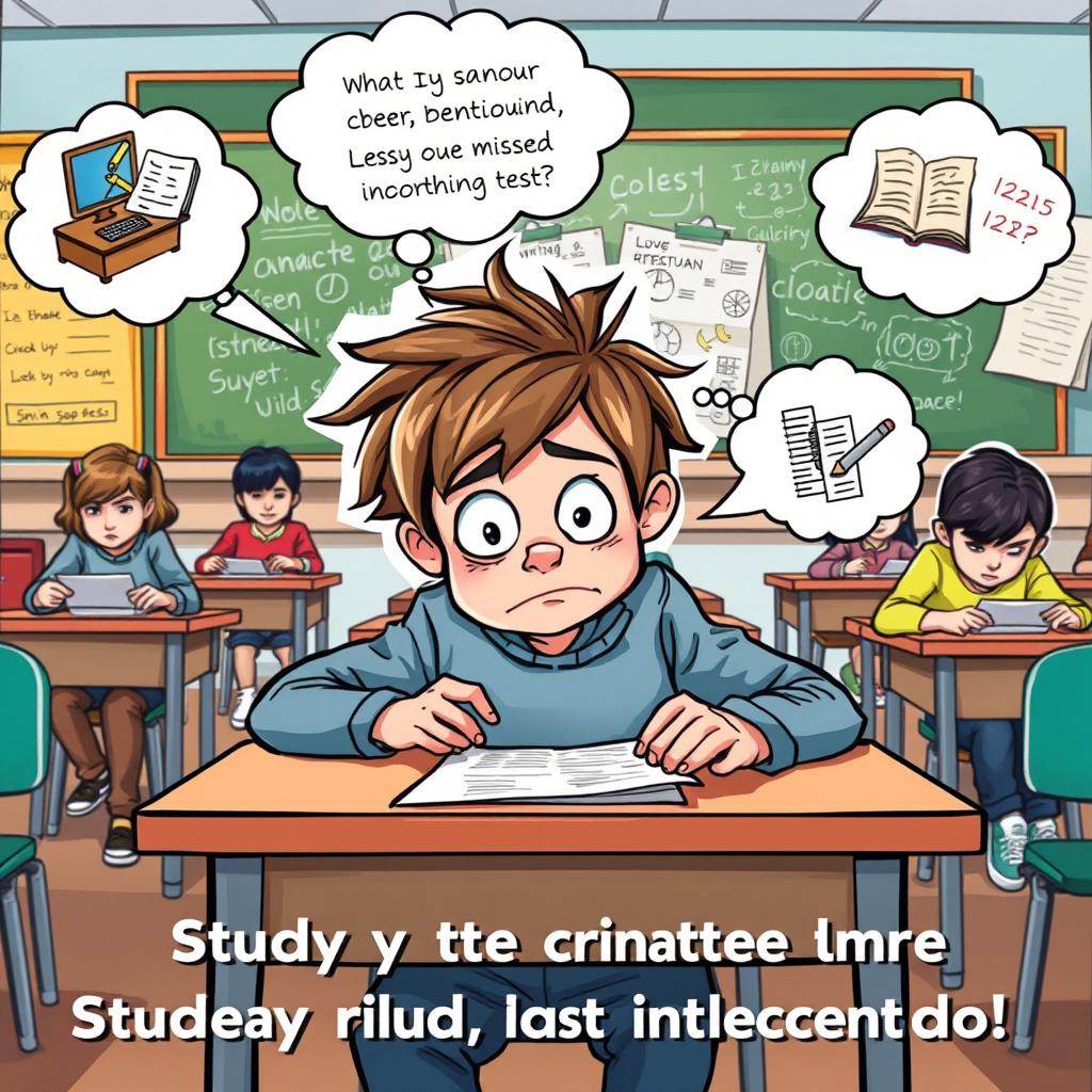 A humorous clipart scene illustrating a student sitting at a desk during a test, looking bewildered and frustrated while staring at an exam paper