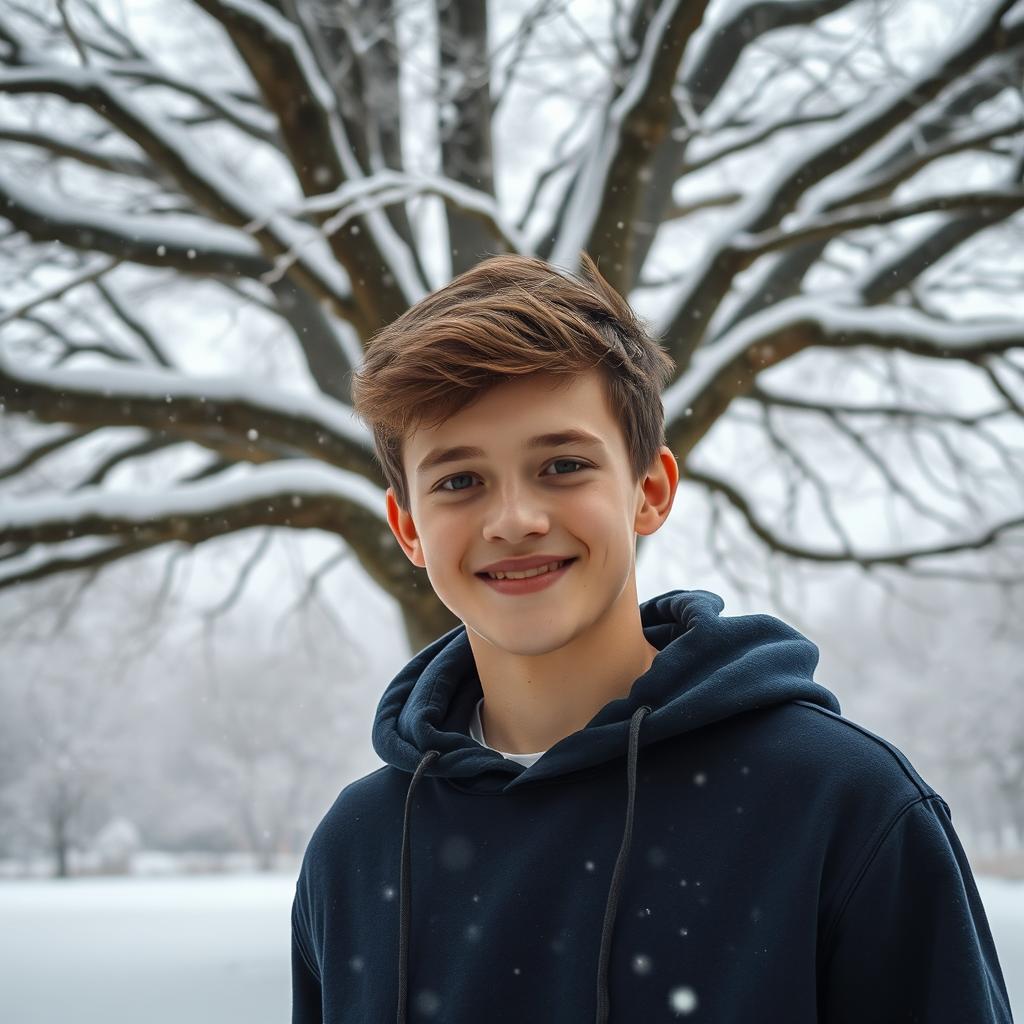 An 18-year-old boy wearing a stylish hoodie, standing under an expansive tree in winter