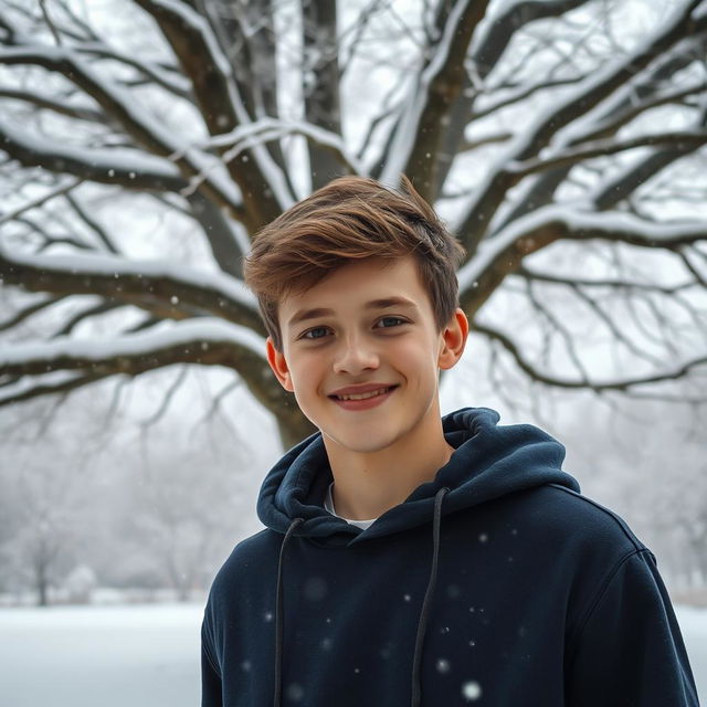 An 18-year-old boy wearing a stylish hoodie, standing under an expansive tree in winter