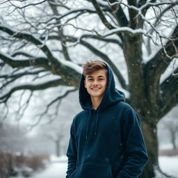 An 18-year-old boy wearing a stylish hoodie, standing under an expansive tree in winter