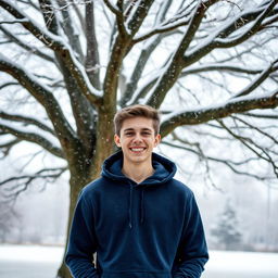 An 18-year-old boy wearing a stylish hoodie, standing under an expansive tree in winter