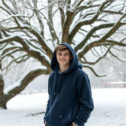 An 18-year-old boy wearing a stylish hoodie, standing under an expansive tree in winter