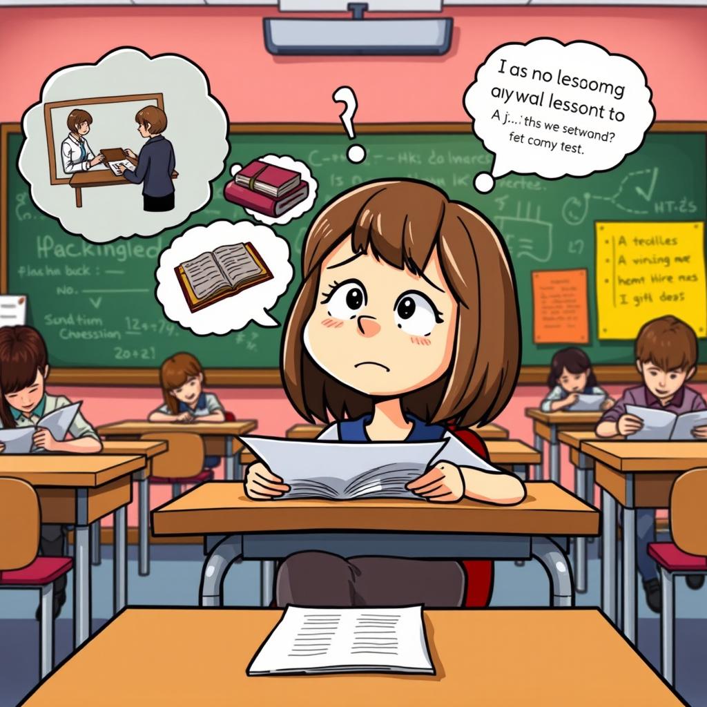 A humorous clipart scene featuring a girl sitting at a desk during a test, looking bewildered and frustrated while staring at her exam paper