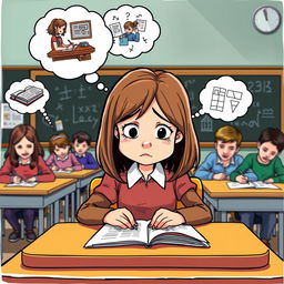 A humorous clipart scene featuring a girl sitting at a desk during a test, looking bewildered and frustrated while staring at her exam paper