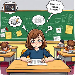 A humorous clipart scene featuring a girl sitting at a desk during a test, looking bewildered and frustrated while staring at her exam paper