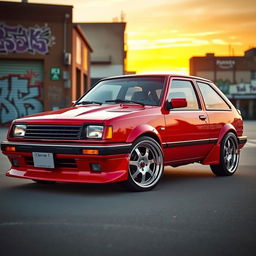 A sleek, modified Chevette showcasing stylish 18-inch alloy wheels, parked in an urban setting