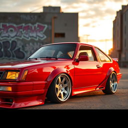 A sleek, modified Chevette showcasing stylish 18-inch alloy wheels, parked in an urban setting