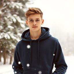 A portrait of an 18-year-old boy wearing a stylish hoodie in a winter setting