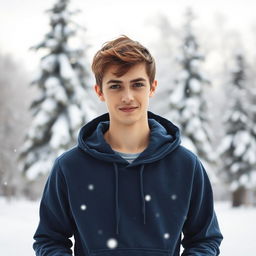 A portrait of an 18-year-old boy wearing a stylish hoodie in a winter setting