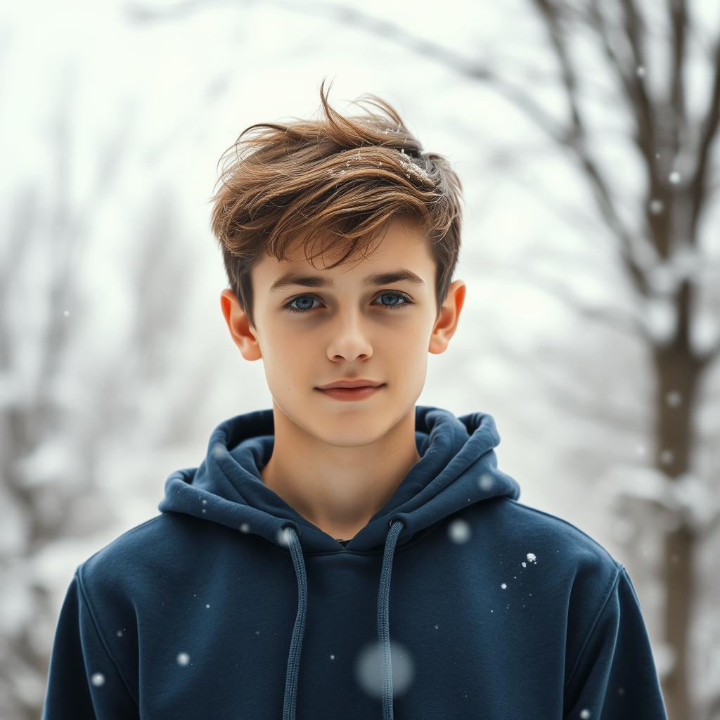 A portrait of an 18-year-old boy wearing a stylish hoodie in a winter setting