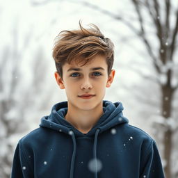 A portrait of an 18-year-old boy wearing a stylish hoodie in a winter setting