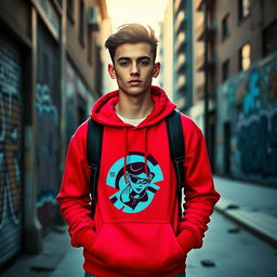 A stylish young adult wearing a trendy hoodie, standing in an urban environment