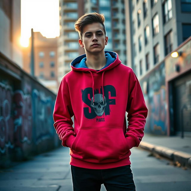 A stylish young adult wearing a trendy hoodie, standing in an urban environment