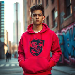 A stylish young adult wearing a trendy hoodie, standing in an urban environment