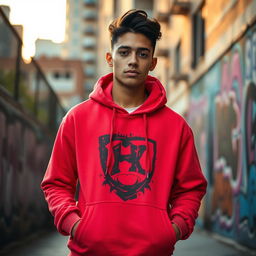 A stylish young adult wearing a trendy hoodie, standing in an urban environment