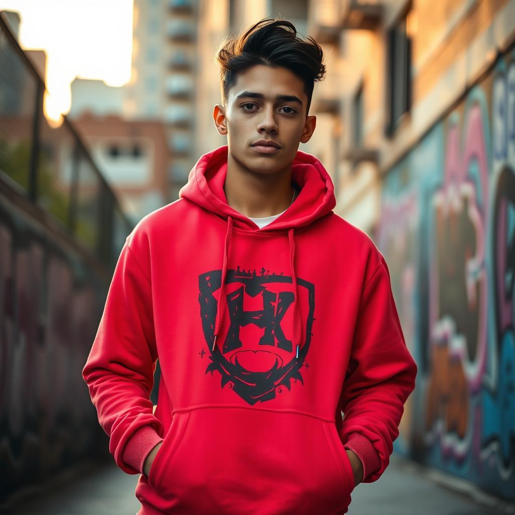 A stylish young adult wearing a trendy hoodie, standing in an urban environment