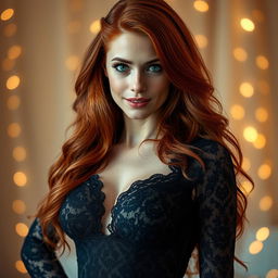 A stunningly attractive woman with long flowing red hair and captivating green eyes, posing confidently in a seductive yet tasteful manner