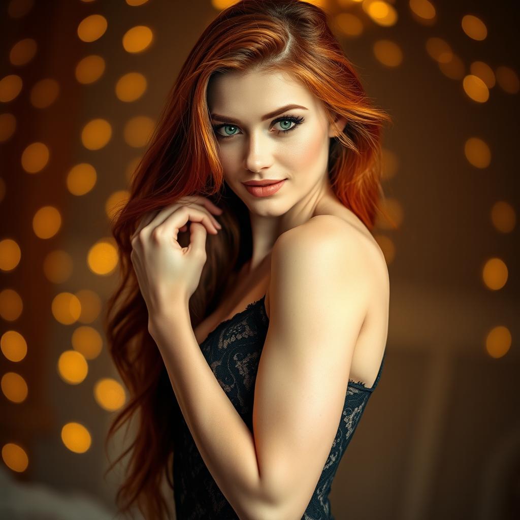 A stunningly attractive woman with long flowing red hair and captivating green eyes, posing confidently in a seductive yet tasteful manner