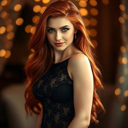 A stunningly attractive woman with long flowing red hair and captivating green eyes, posing confidently in a seductive yet tasteful manner