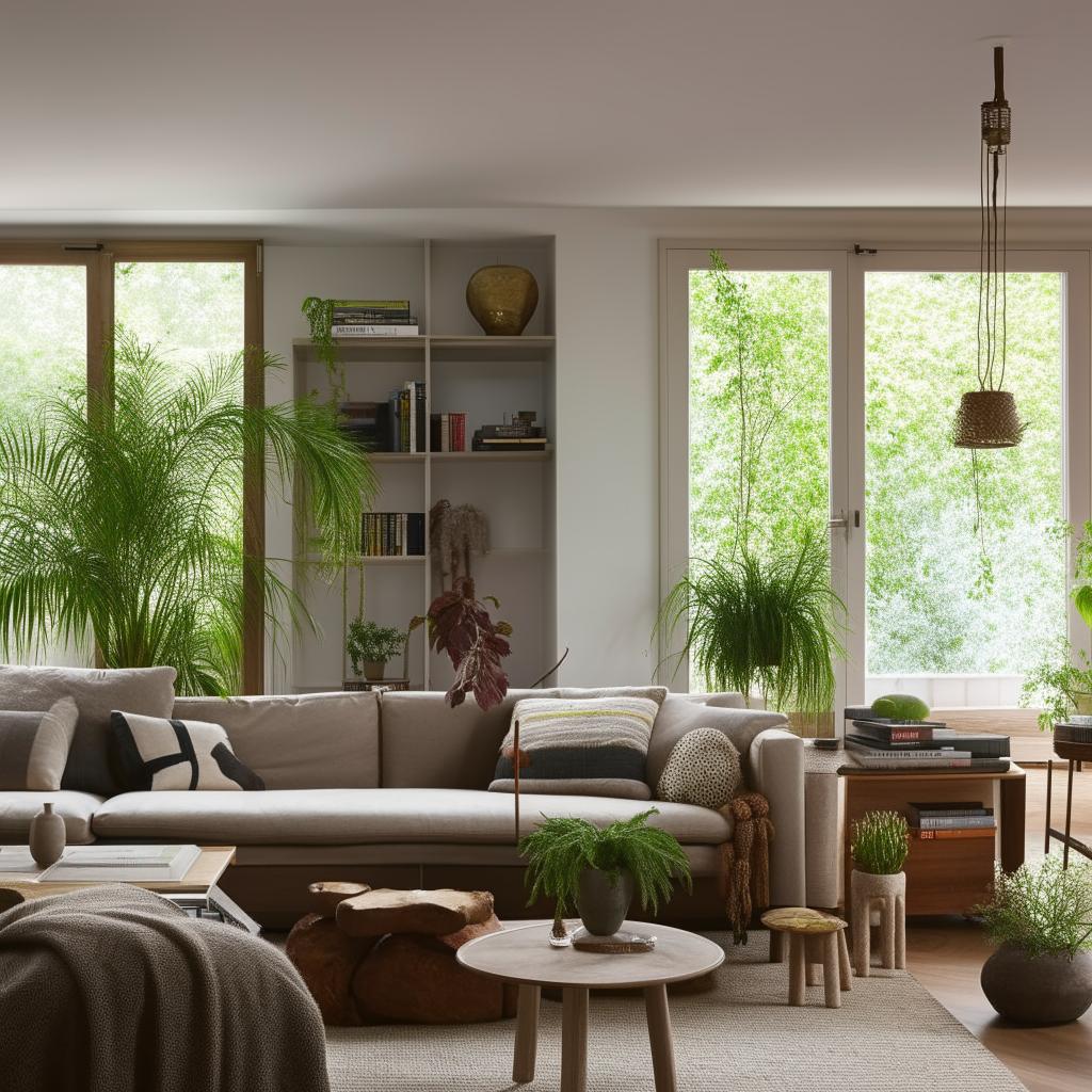 A stylish and cozy living room with comfortable seating, a coffee table, bookshelf, lush indoor plants, natural light filtering from large windows and soft ambient lighting for evening