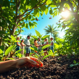 A vibrant and lush reforestation project scene depicting diverse tree species thriving in a tropical environment, with rich green foliage and sunlight filtering through the leaves