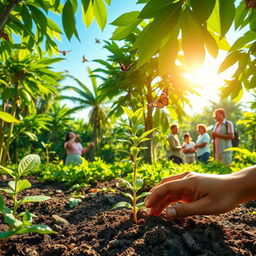 A vibrant and lush reforestation project scene depicting diverse tree species thriving in a tropical environment, with rich green foliage and sunlight filtering through the leaves