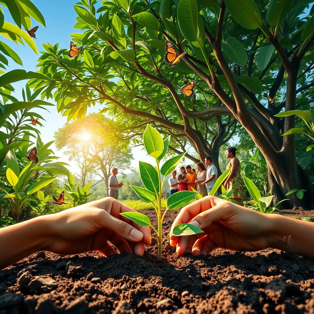 A vibrant and lush reforestation project scene depicting diverse tree species thriving in a tropical environment, with rich green foliage and sunlight filtering through the leaves
