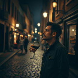 A man enjoying a drink in a dimly lit street, surrounded by softly glowing street lamps