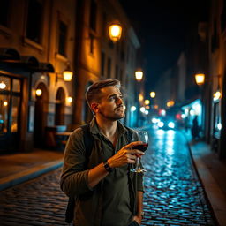 A man enjoying a drink in a dimly lit street, surrounded by softly glowing street lamps