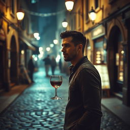 A man enjoying a drink in a dimly lit street, surrounded by softly glowing street lamps