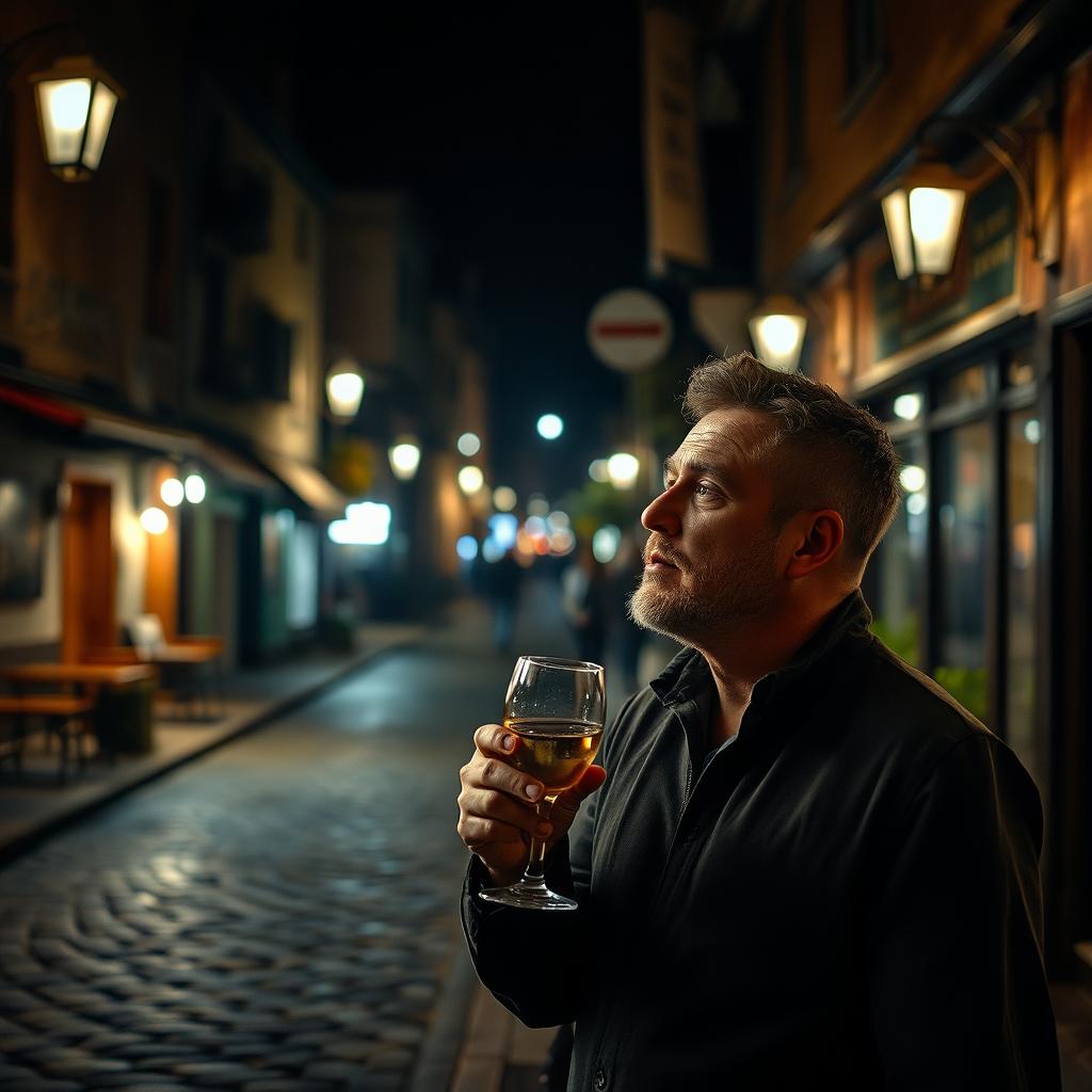 A man enjoying a drink in a dimly lit street, surrounded by softly glowing street lamps