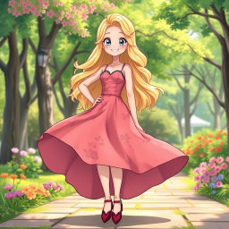 A full body illustration of a Wojak character designed as a blonde girl wearing a stylish, flowing dress