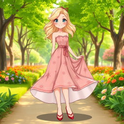 A full body illustration of a Wojak character designed as a blonde girl wearing a stylish, flowing dress