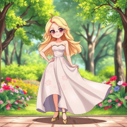 A full body illustration of a Wojak character designed as a blonde girl wearing a stylish, flowing dress