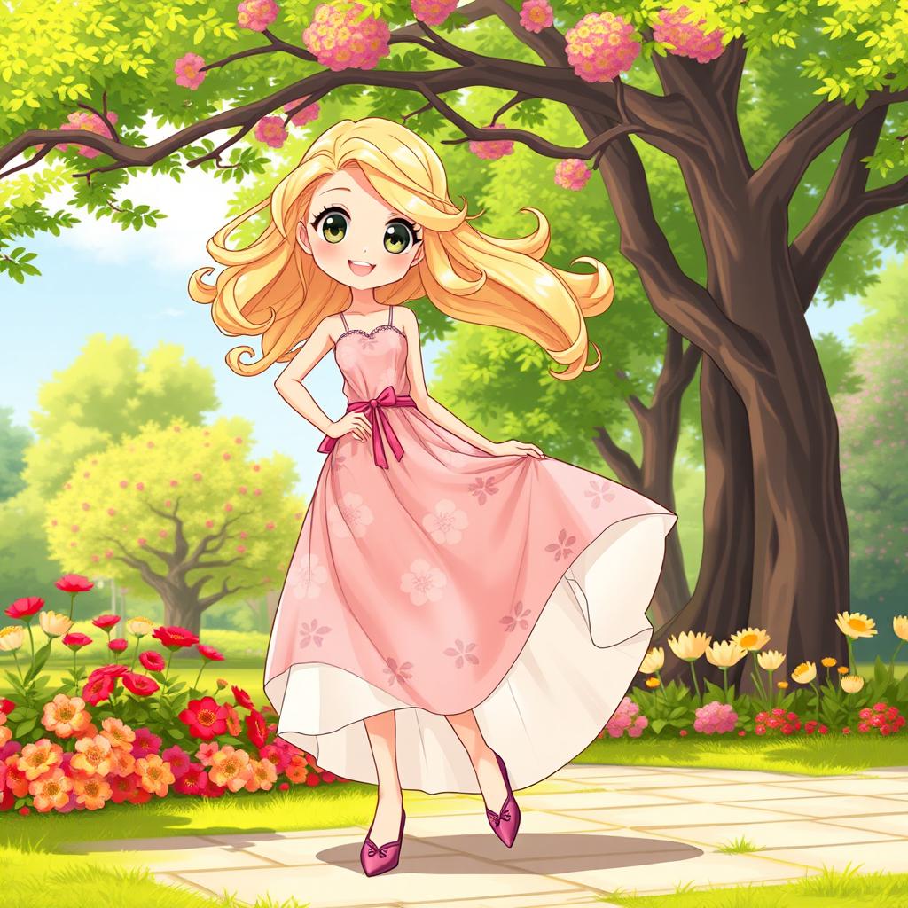 A full body illustration of a Wojak character designed as a blonde girl wearing a stylish, flowing dress