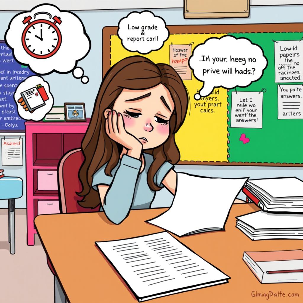 A humorous clipart scene featuring a girl sitting at her desk during an exam, with her head resting on her hand, looking despondently at her blank exam paper
