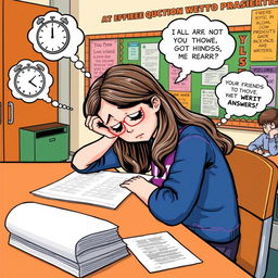 A humorous clipart scene featuring a girl sitting at her desk during an exam, with her head resting on her hand, looking despondently at her blank exam paper