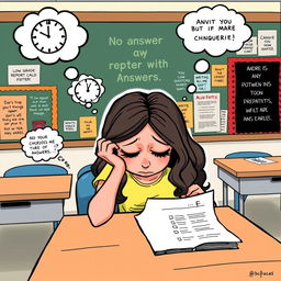 A humorous clipart scene featuring a girl sitting at her desk during an exam, with her head resting on her hand, looking despondently at her blank exam paper