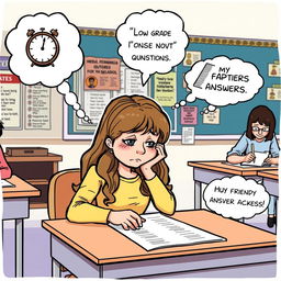 A humorous clipart scene featuring a girl sitting at her desk during an exam, with her head resting on her hand, looking despondently at her blank exam paper