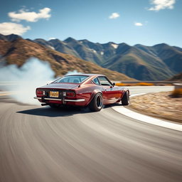 A classic Datsun sports car skillfully drifting around a sharp bend on a winding road, with smoke billowing from the rear tires