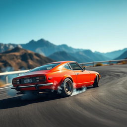 A classic Datsun sports car skillfully drifting around a sharp bend on a winding road, with smoke billowing from the rear tires