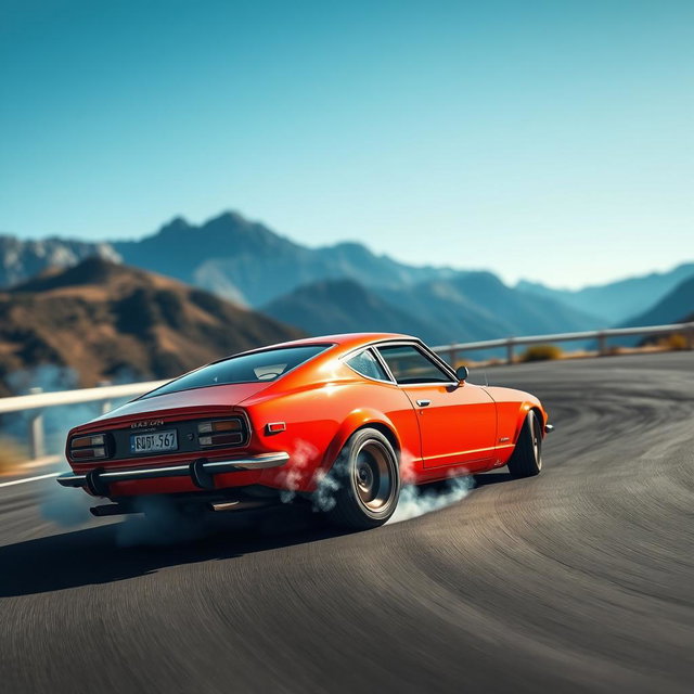 A classic Datsun sports car skillfully drifting around a sharp bend on a winding road, with smoke billowing from the rear tires