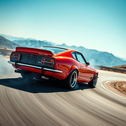 A classic Datsun sports car skillfully drifting around a sharp bend on a winding road, with smoke billowing from the rear tires