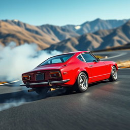 A classic Datsun sports car skillfully drifting around a sharp bend on a winding road, with smoke billowing from the rear tires